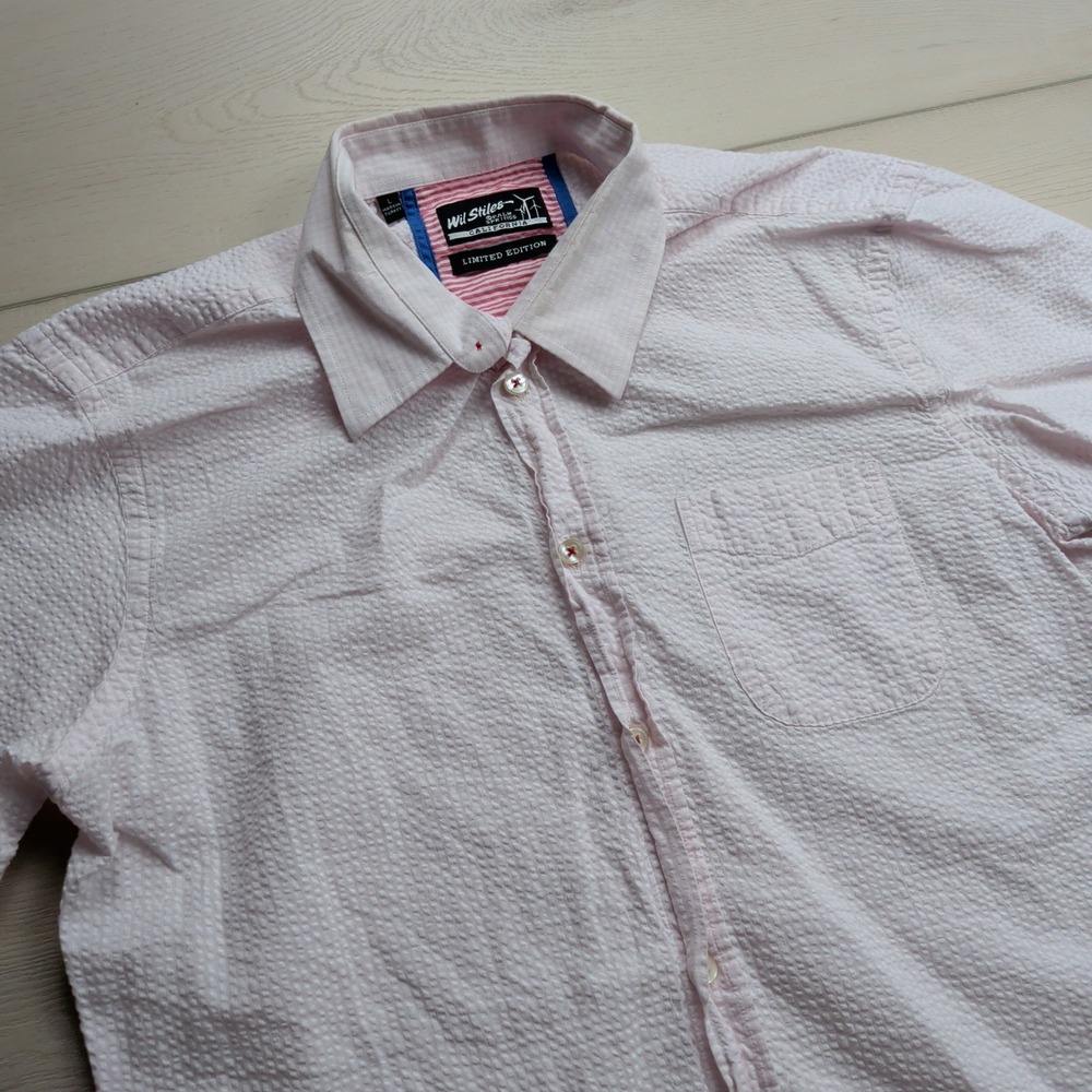 Wil Stiles Limited Edition Seersucker Shirt Mens L Pink Short Sleeve Button Down